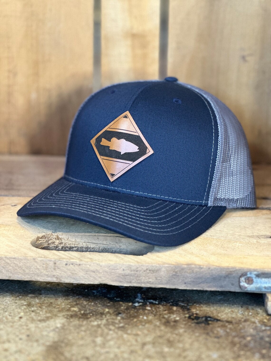 Diamond Fish Bass Leather Patch Trucker Hat - Bass Fishing Hat - Largemouth Bass Fish Trucker Hat